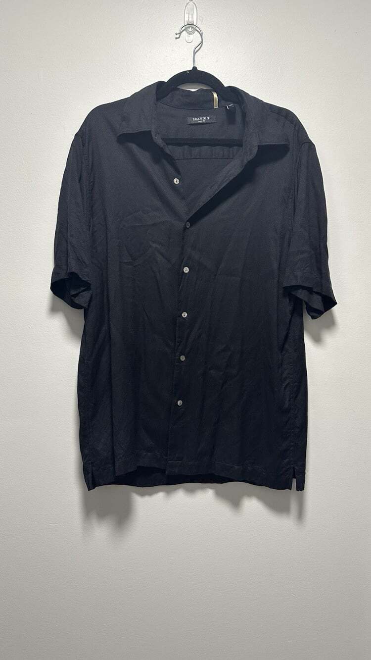 Brandini 100% Silk Black Short Sleeve Collared Men’s Button Up Shirt Size Large